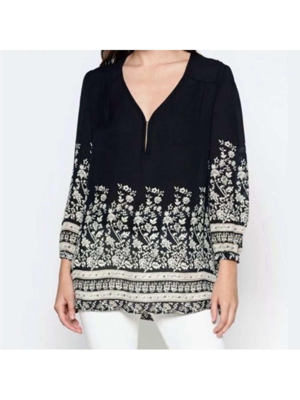 Joie Riva Bla k Floral Border Print V-Neck Tunic Top 100% Silk
